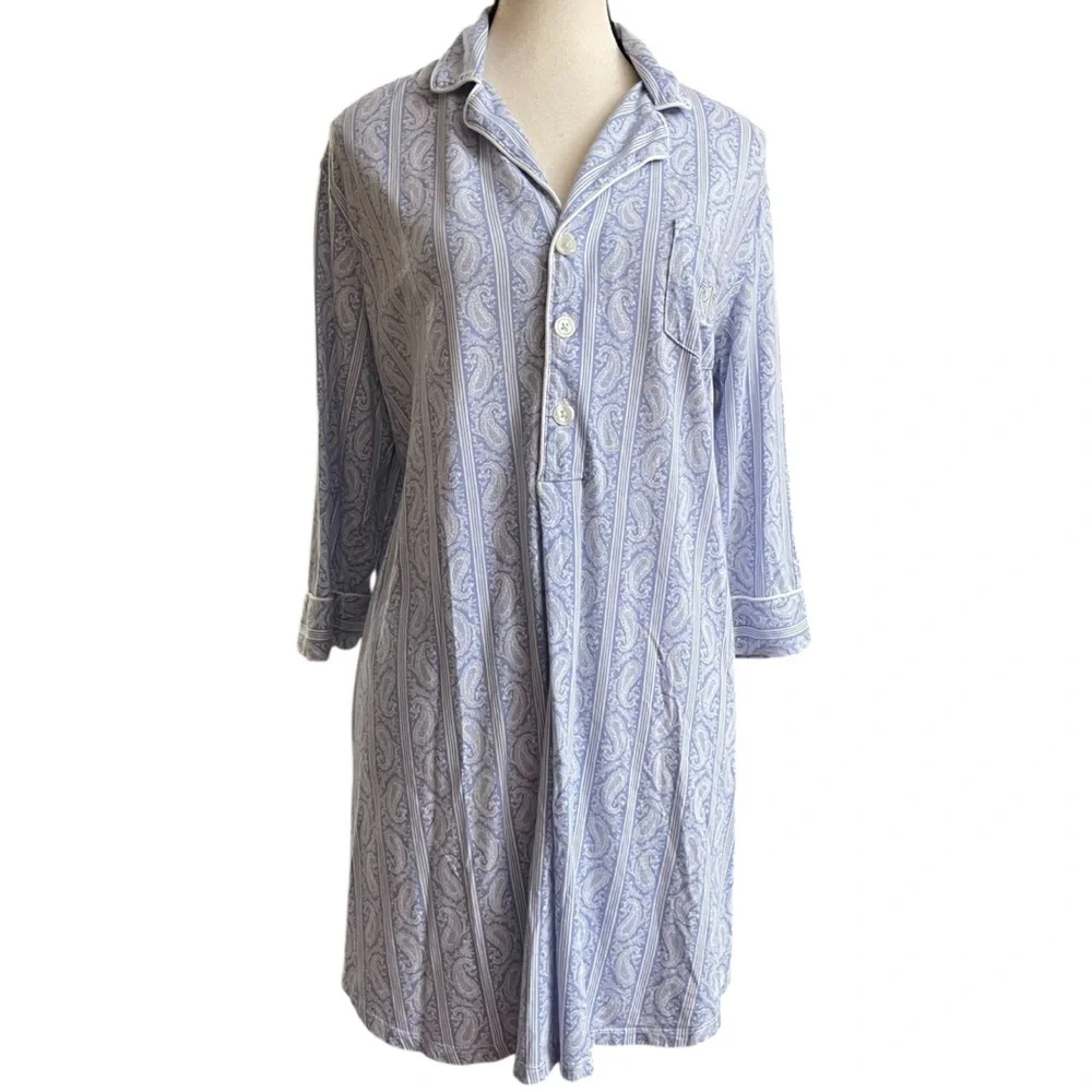 Ralph Lauren Blue Paisley Cotton Nightshirt White Piping Sleep‎ Loungewear